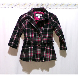 Girls LONDON FOG Pink Black Plaid Pea Coat Medium L / 6X